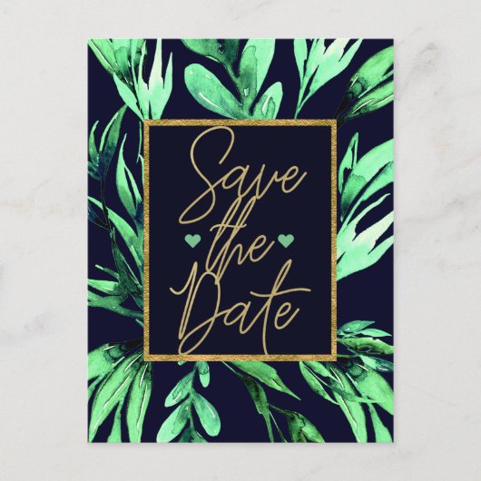 Groen Blauw Aquarel Botanisch Glam Save the Date Aankondigingskaart (Voorkant)