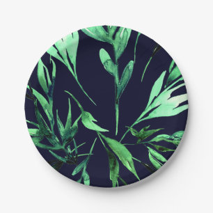 Groen Blauw Aquarel Botanische Glam Bruiloft Feest Papieren Bordje