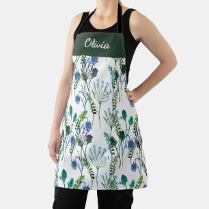 Groen Blauw Aquarel Wilde Bloem Eigen Naam Schort