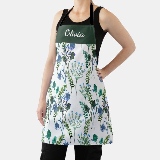 Groen Blauw Aquarel Wilde Bloem Eigen Naam Schort (Insitu)