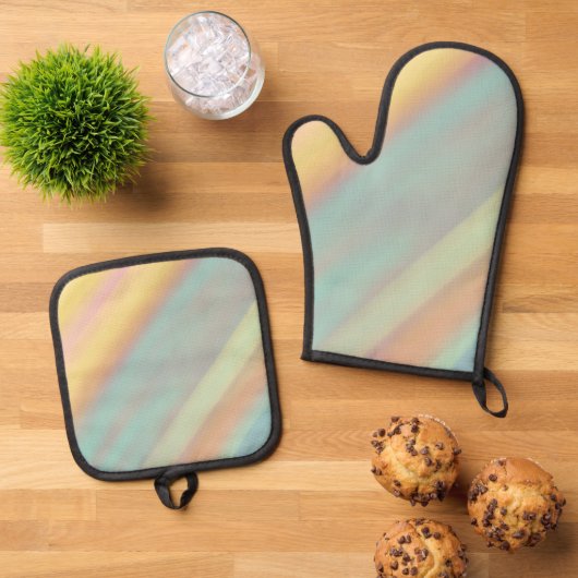 Groen Blauw Aquarelpatroon Ovenwant & Pannenlap Set (Top down)