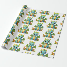 Groen Blauw Baby Dragon Fantasy Inpakpapier