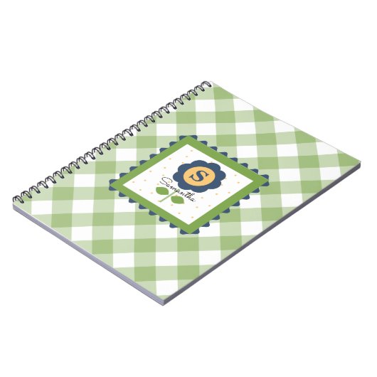 Groen Blauw Bloemengingham met Monogram Notitieboek (Linkerzijde)