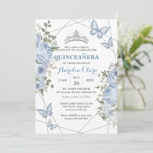 Groen Blauw Bloemmotief Vlinders 16e Quinceañera Kaart (Staand voorkant)