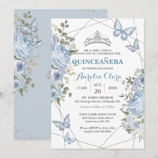 Groen Blauw Bloemmotief Vlinders 16e Quinceañera Kaart (Voorkant / Achterkant)