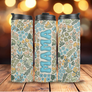 Groen Blauw Boho Bloemen 3D Effect Mama Thermosbeker