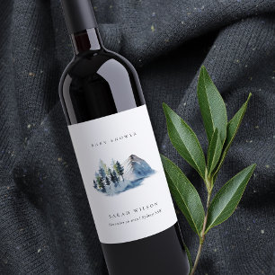 Groen blauw Bossen BergBaby shower Wijn Etiket