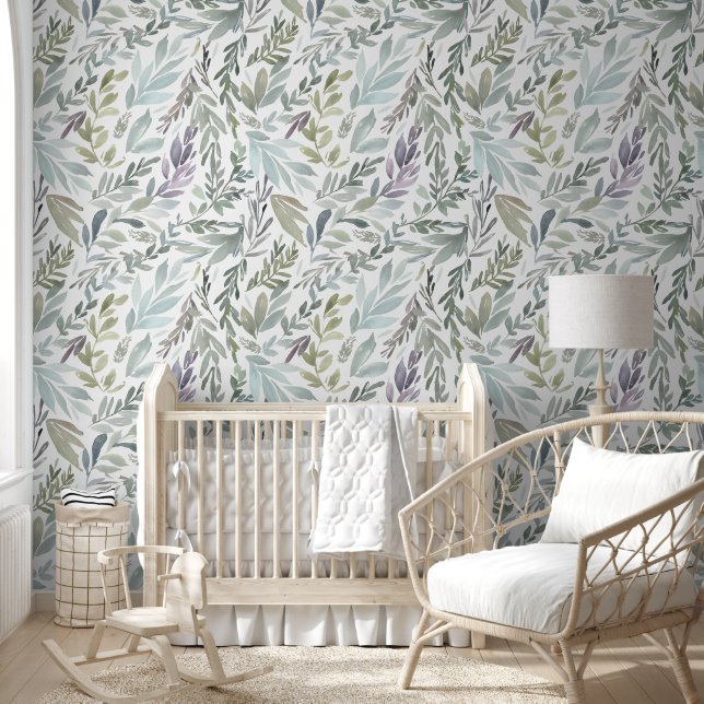 Groen Blauw Botanisch Aquarel Behang (Kinderen)