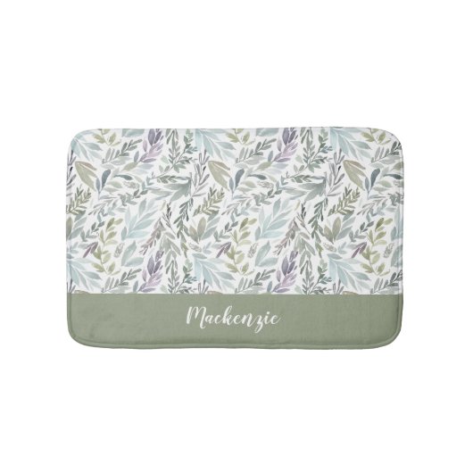 Groen Blauw Botanisch Waterverf Monogram Naam Badmat (Voorkant)