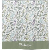 Groen Blauw Botanisch Waterverf Monogram Naam Douchegordijn (Voorkant)