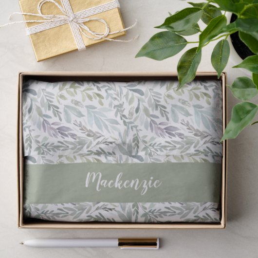 Groen Blauw Botanisch Waterverf Monogram Naam Tissuepapier (Geschenk)