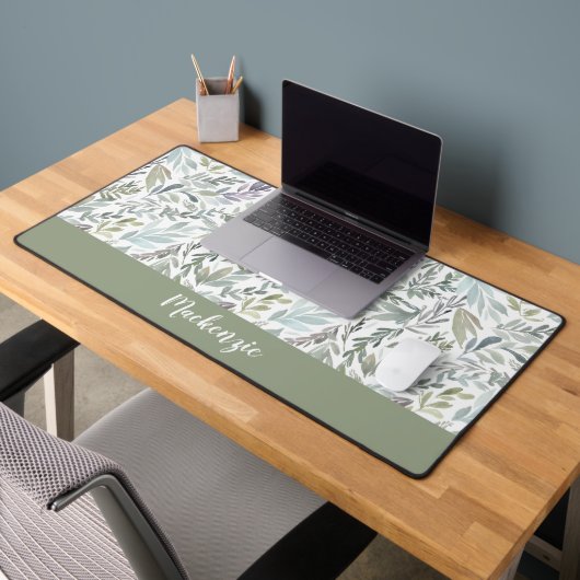 Groen Blauw Botanische Waterverf Monogram Naam Bureaumat (Kantoor 2)
