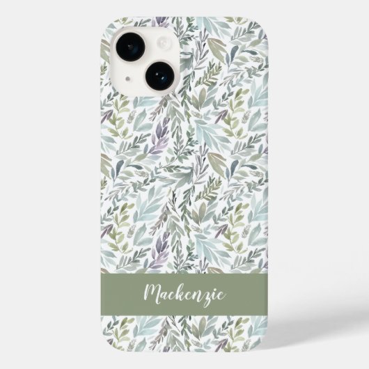 Groen Blauw Botanische Waterverf Monogram Naam Case-Mate iPhone Case (Achterkant)