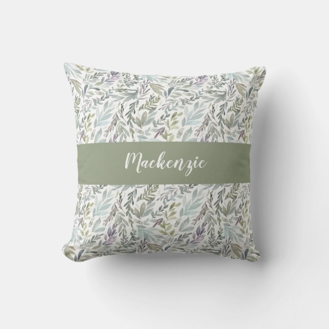 Groen Blauw Botanische Waterverf Monogram Naam Kussen (Voorkant)