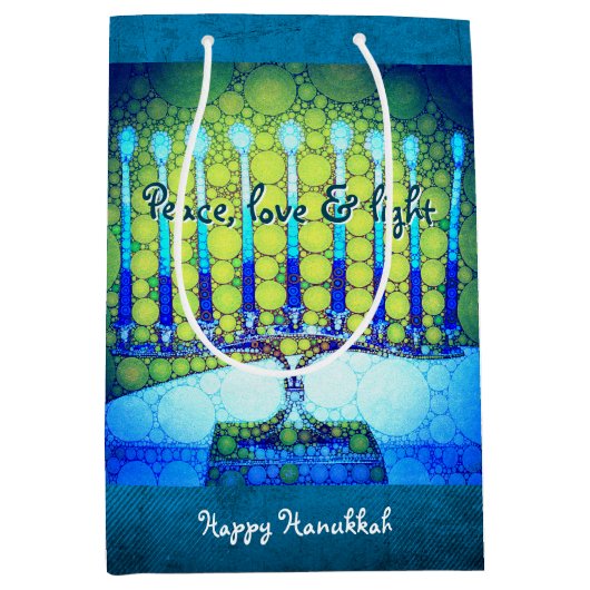Groen Blauw Chanoeka Menorah Vrede Liefde Licht Medium Cadeauzakje (Voorkant)