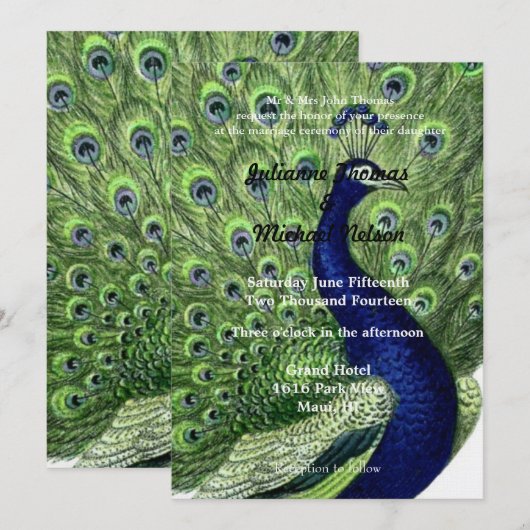 Groen Blauw Chic Pauw bruiloft Kaart (Voorkant / Achterkant)