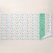 Groen Blauw Dinosaurus Patroon Aangepaste Naam Strandlaken (Voorkant)