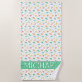 Groen Blauw Dinosaurus Patroon Aangepaste Naam Strandlaken (Voorkant)