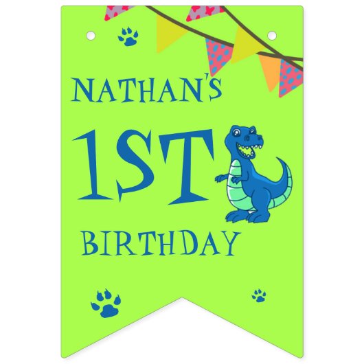 Groen Blauw Dinosaurus Theme Kids Verjaardagsfeest Vlaggetjes (Eerste vlag)