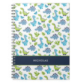 Groen BLAUW Dinosauruspatroon met Kind Naam Notitieboek (Voorkant)