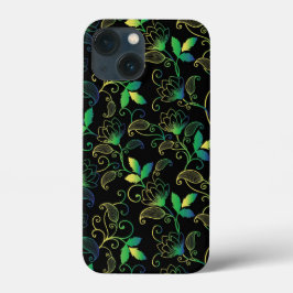 Groen, Blauw en Geel Bloemmotief op Zwarte Achterg Case-Mate iPhone Case
