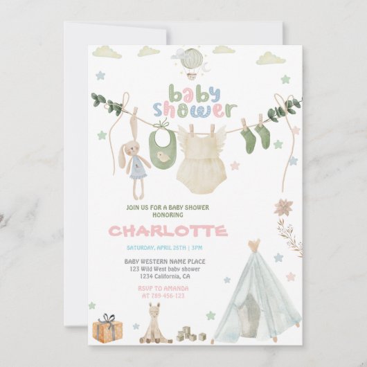 Groen, blauw en roze Waterverf Baby shower Kaart (Voorkant)