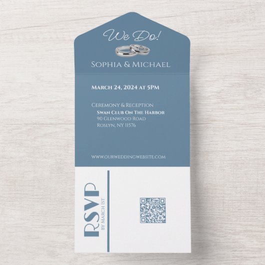 Groen Blauw en Wit-Bruiloft Ringen- All In One Uitnodiging (Binnen)