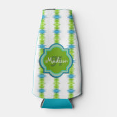 Groen, Blauw en Wit Funky Streep Monogram Flesjeskoeler (Voorkant)