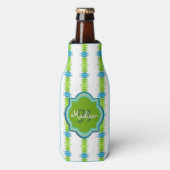 Groen, Blauw en Wit Funky Streep Monogram Flesjeskoeler (Fles Voorkant)