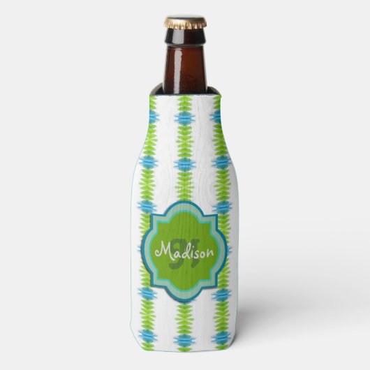 Groen, Blauw en Wit Funky Streep Monogram Flesjeskoeler (Fles Voorkant)