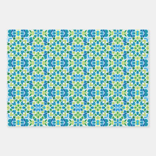 Groen, blauw en wit patroon inpakpapier vel (Voorkant 3)