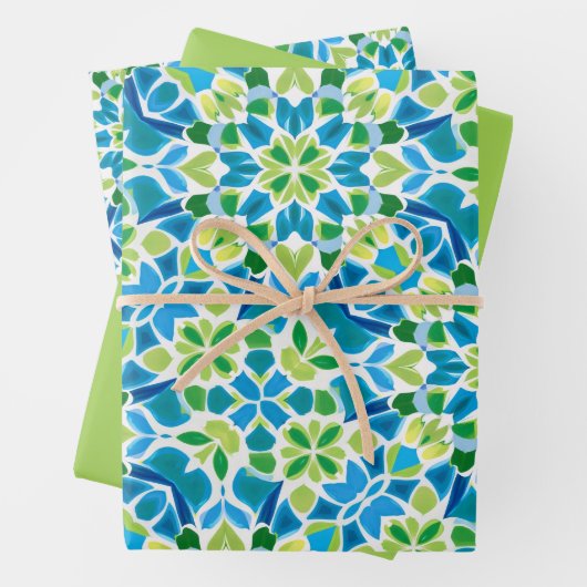 Groen, blauw en wit patroon inpakpapier vel (In situ)