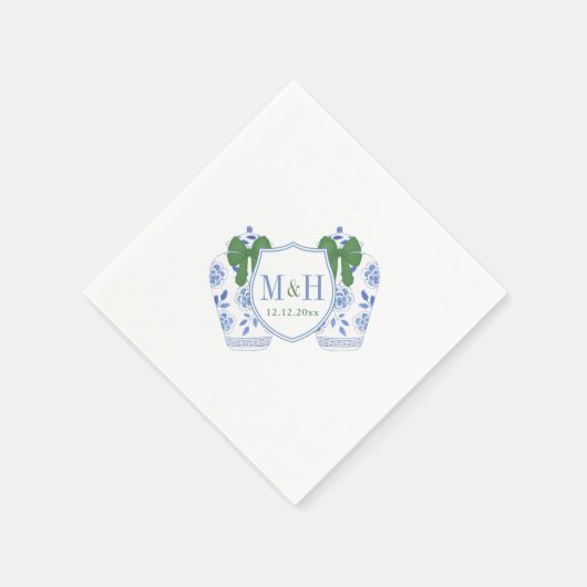 Groen Blauw Feestdagen Monogram Crest Bruiloft Servet (Hoek)