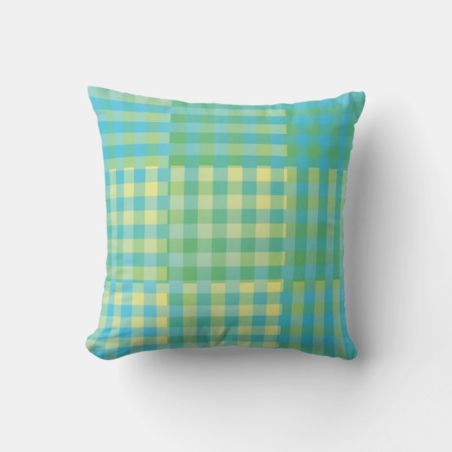 Groen Blauw Geel Geruit Patchwork Patroon Kussen (Voorkant)