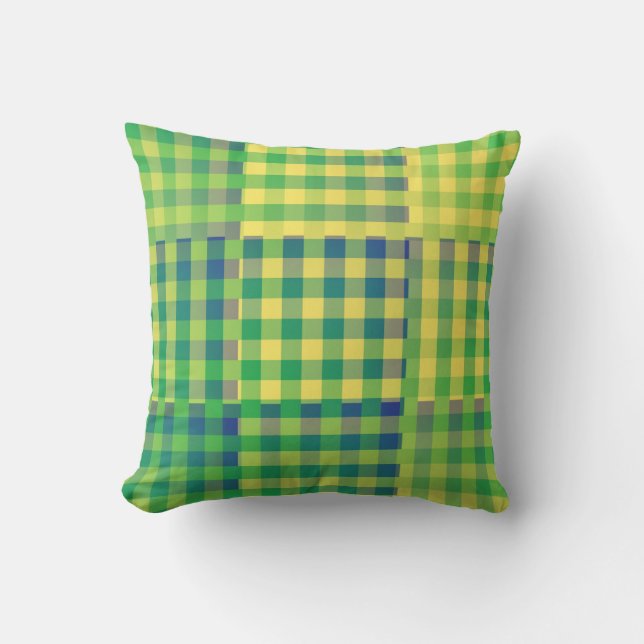 Groen Blauw Geel Geruit Patchwork Patroon Kussen (Voorkant)