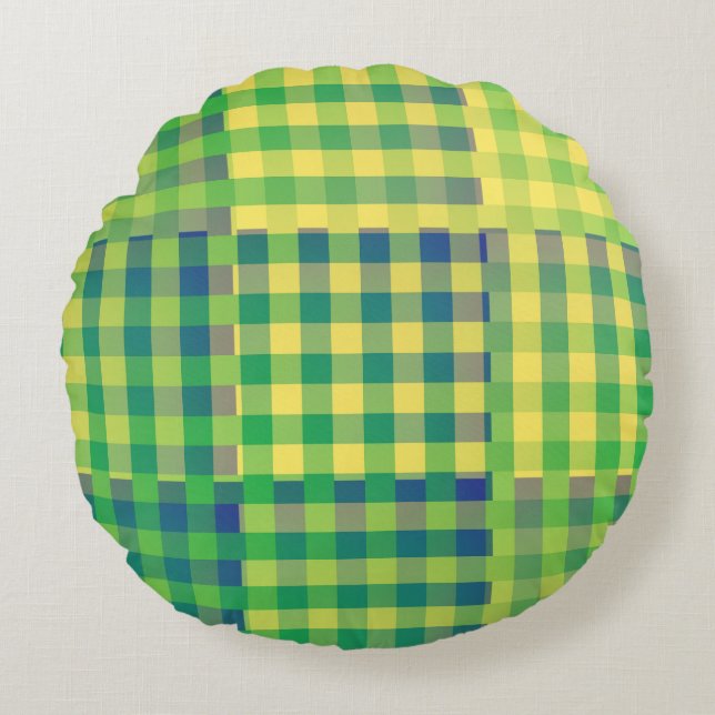 Groen Blauw Geel Geruit Patchwork Patroon Rond Kussen (Voorkant)