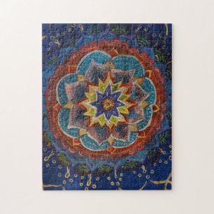 Groen, blauw, geel Mandala schilderij Legpuzzel