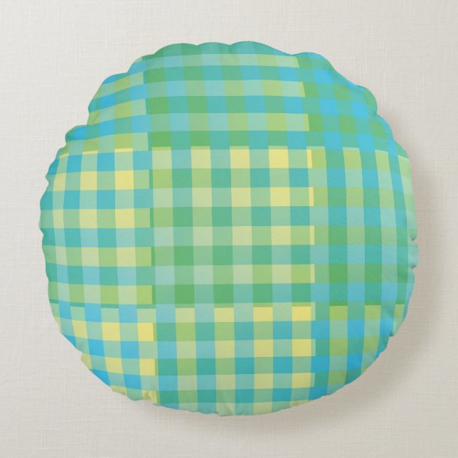 Groen Blauw Geel Schachbrett Patroon Patchwork Rond Kussen (Voorkant)