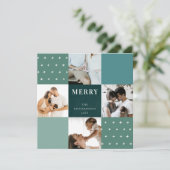 Groen Blauw Geruit 4 Foto Kerstmis Feestdagenkaart (Staand voorkant)