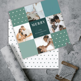 Groen Blauw Geruit 4 Foto Kerstmis Feestdagenkaart