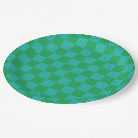 Groen blauw geruit Gingham patroon Papieren Bordje (Gekanteld)