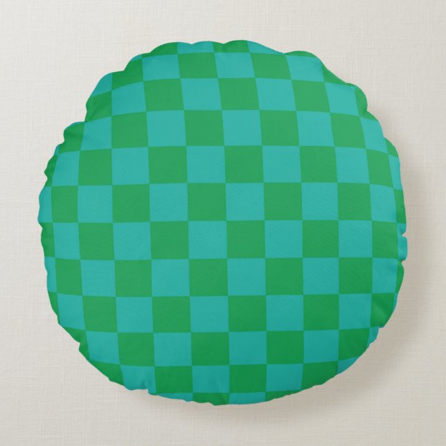 Groen blauw geruit Gingham patroon Rond Kussen (Voorkant)