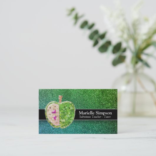 Groen Blauw Glitter Apple Substituut Teacher Tutor Visitekaartje (Staand voorkant)