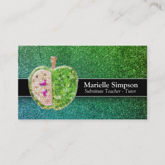 Groen Blauw Glitter Apple Substituut Teacher Tutor Visitekaartje (Voorkant)