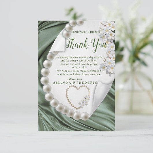 Groen, Blauw, Goud Ivoor Zijde & ParelsDank u kaar RSVP Kaartje (Staand voorkant)