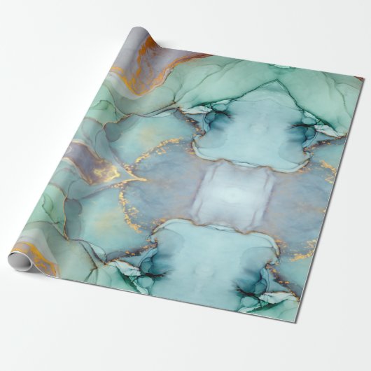 Groen Blauw Goud Marmer  Cadeaupapier (Uitgerold)