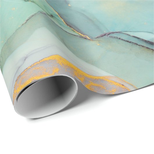 Groen Blauw Goud Marmer Cadeaupapier (Rol Hoek)