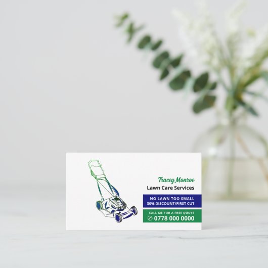 Groen & Blauw grasmaaier, grasmaaier Visitekaartje (Staand voorkant)