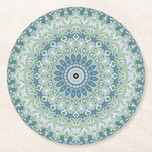 Groen Blauw Grijs Kust Mandala Kaleidoscoop Ronde Kartonnen Onderzetter