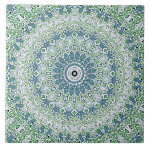 Groen Blauw Grijs Kust Mandala Kaleidoscoop Tegeltje